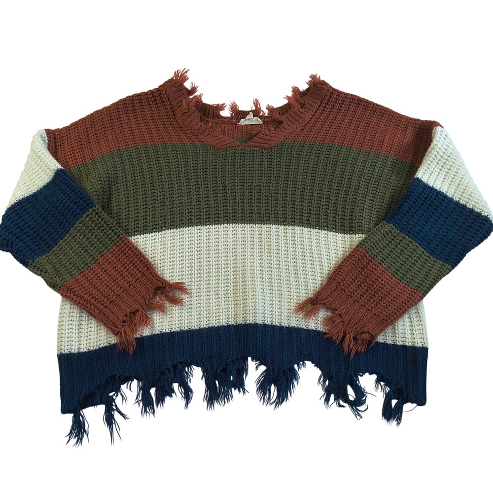 eesome Striped Distressed Knit Sweater Womens M L Cropped Fringe Boho